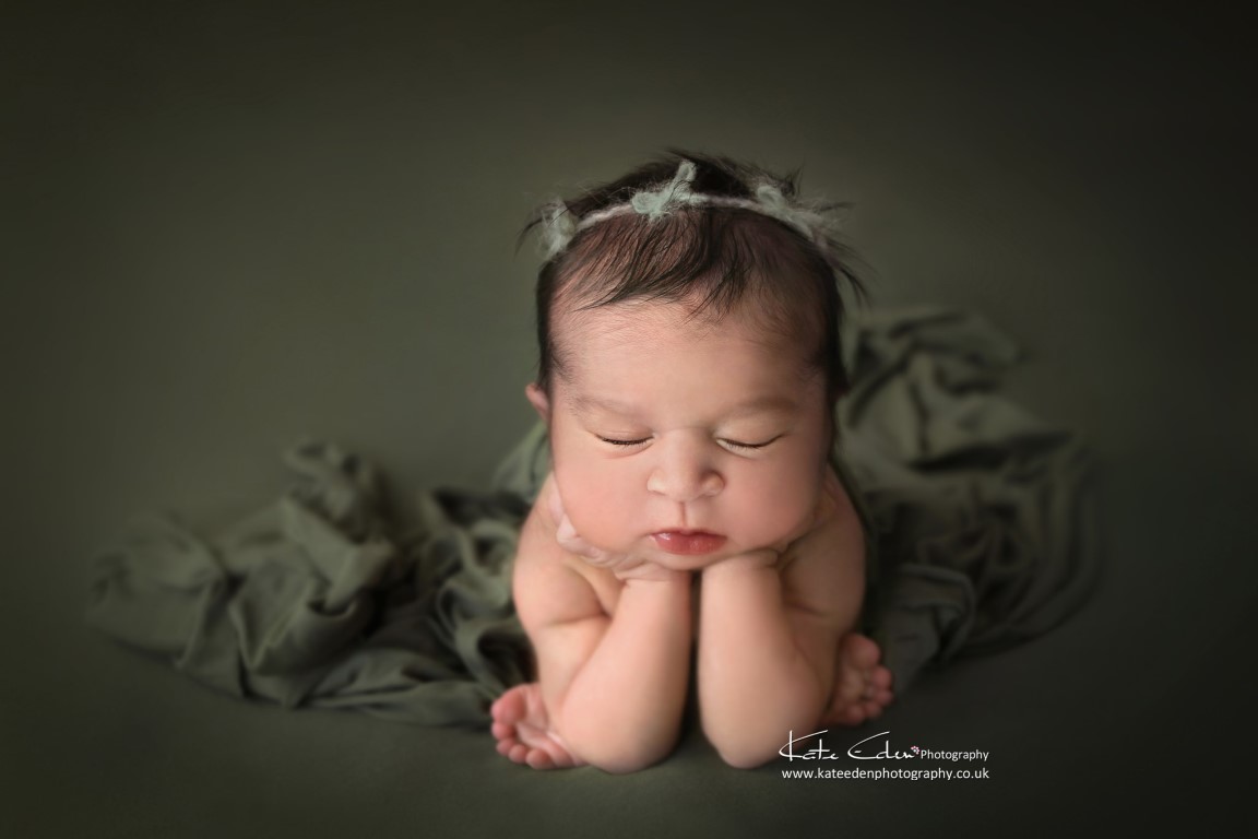 Newborn posing - froggy pose - baby in green - Kate Eden Photography - Milton Keynes