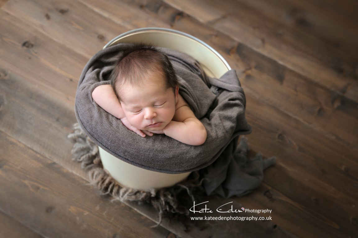 Newborn baby boy in the bucket - newborn photography Aberdeen